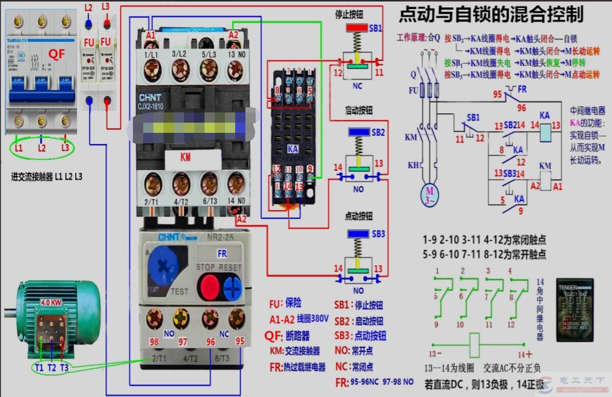 二例电动机自锁控制的电路图:完整自锁控制及点动与自锁的混合控制